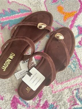 Jason Wu Brown Suede Slide Sandals with Gold Accent Detail